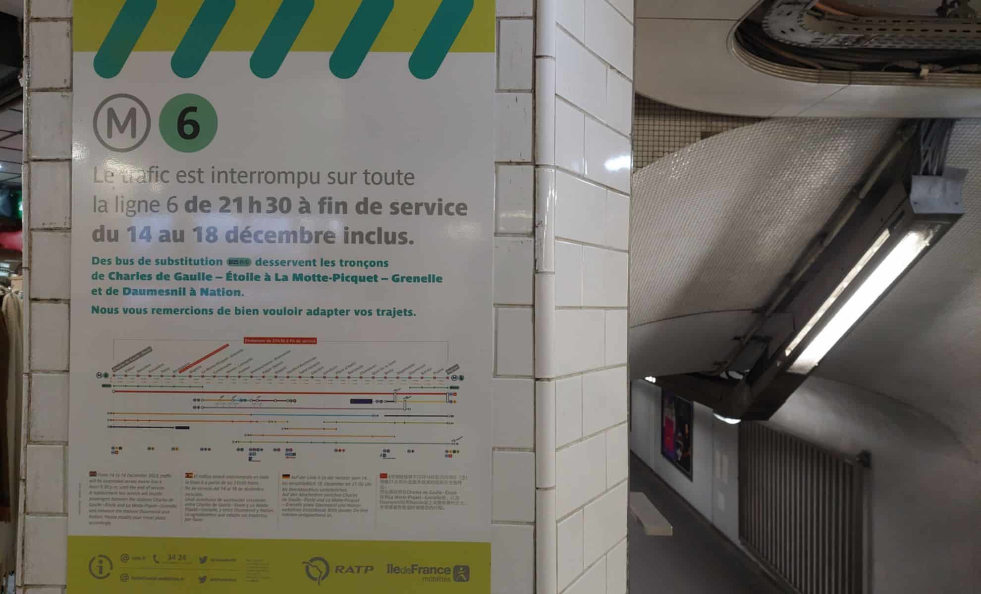 Annonce de la fermeture de la ligne 6 du métro parisien 