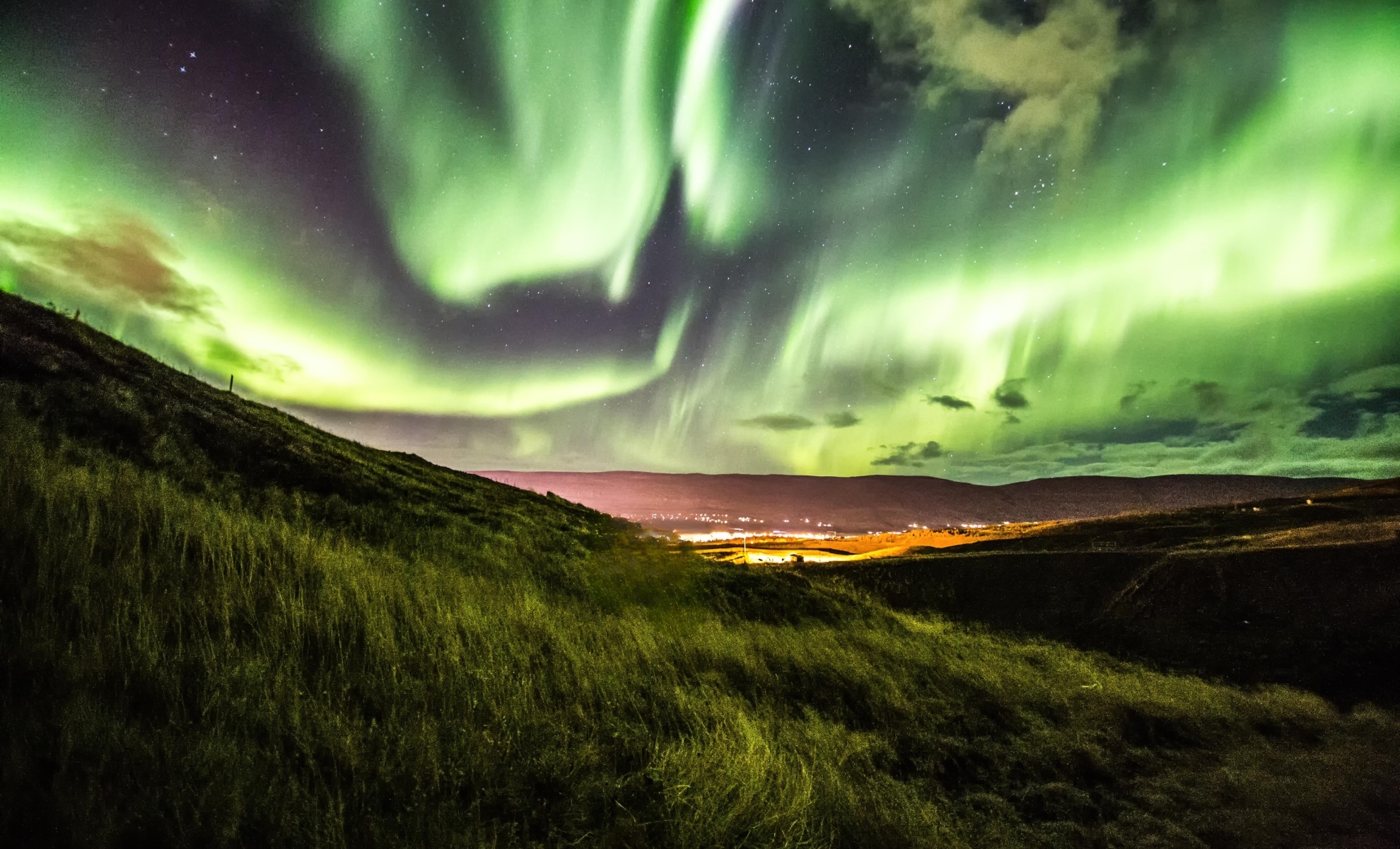 Aurores boréales à Akureyri, Islande