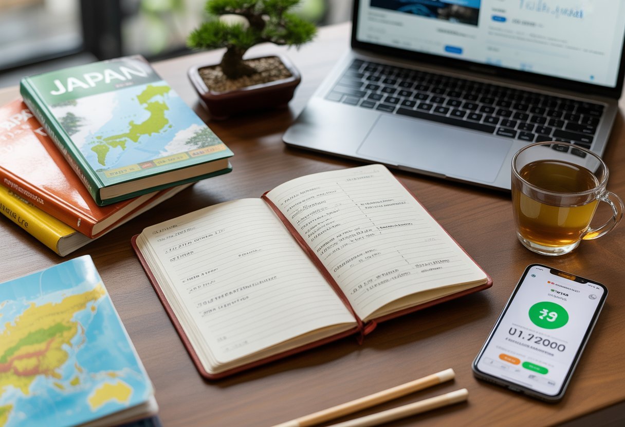 Un bureau organisé avec un carnet de budget de voyage ouvert, des guides de voyage sur le Japon, une carte du monde, un ordinateur portable, une tasse de thé vert et un smartphone, préparant un voyage de 15 jours au Japon.