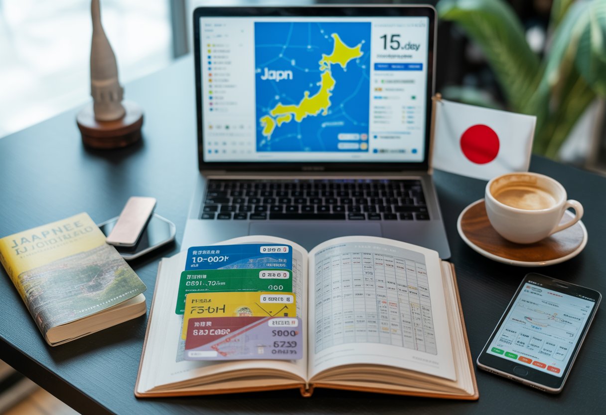 Un bureau avec un ordinateur portable affichant une carte du Japon, des tickets de transport, un carnet de budget de voyage, un guide touristique japonais et un smartphone, illustrant la préparation d'un voyage de 15 jours au Japon.