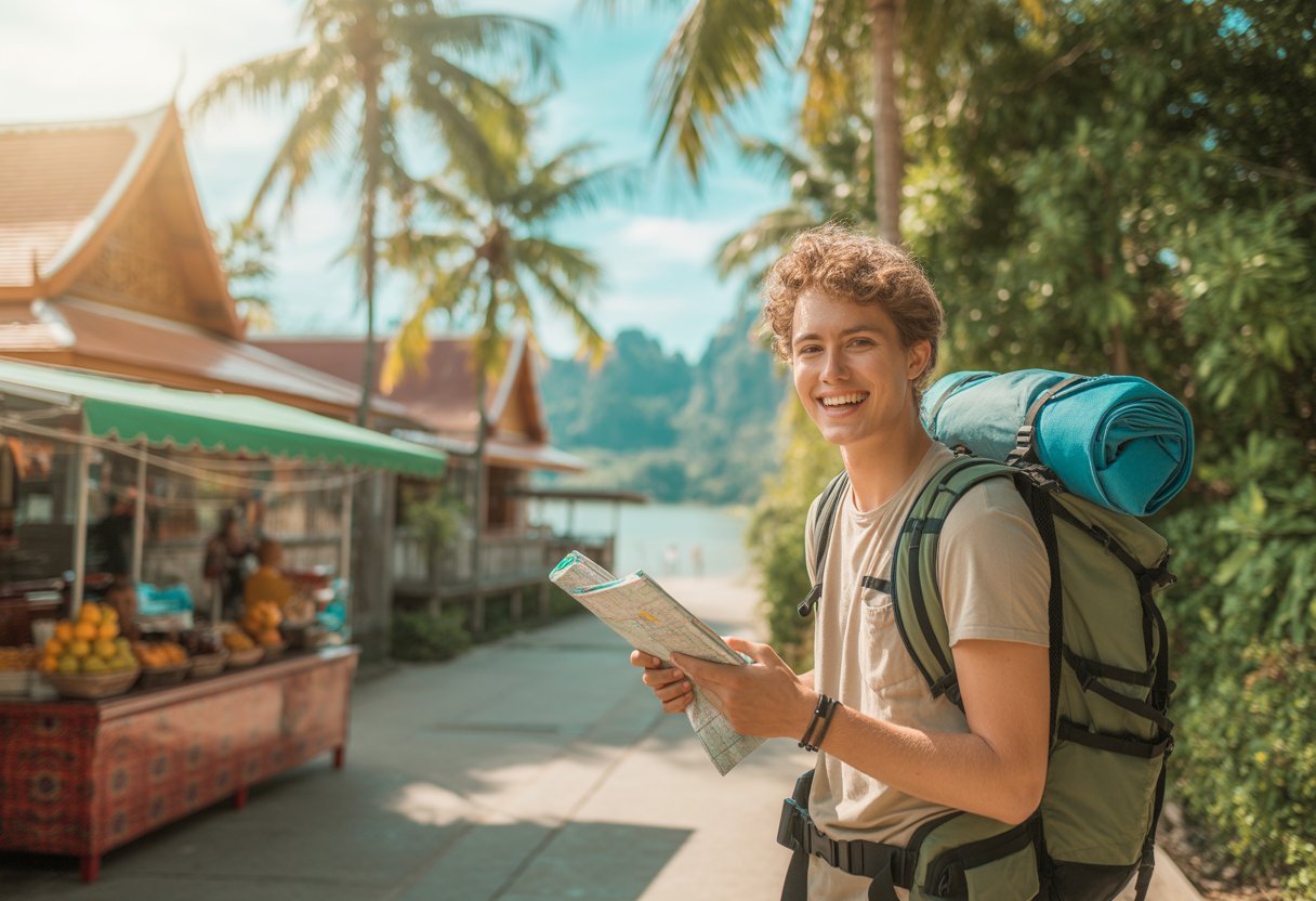 Un voyageur avec un sac à dos se tient sur un chemin entouré de végétation tropicale et de maisons traditionnelles thaïlandaises, sous un ciel bleu lumineux.