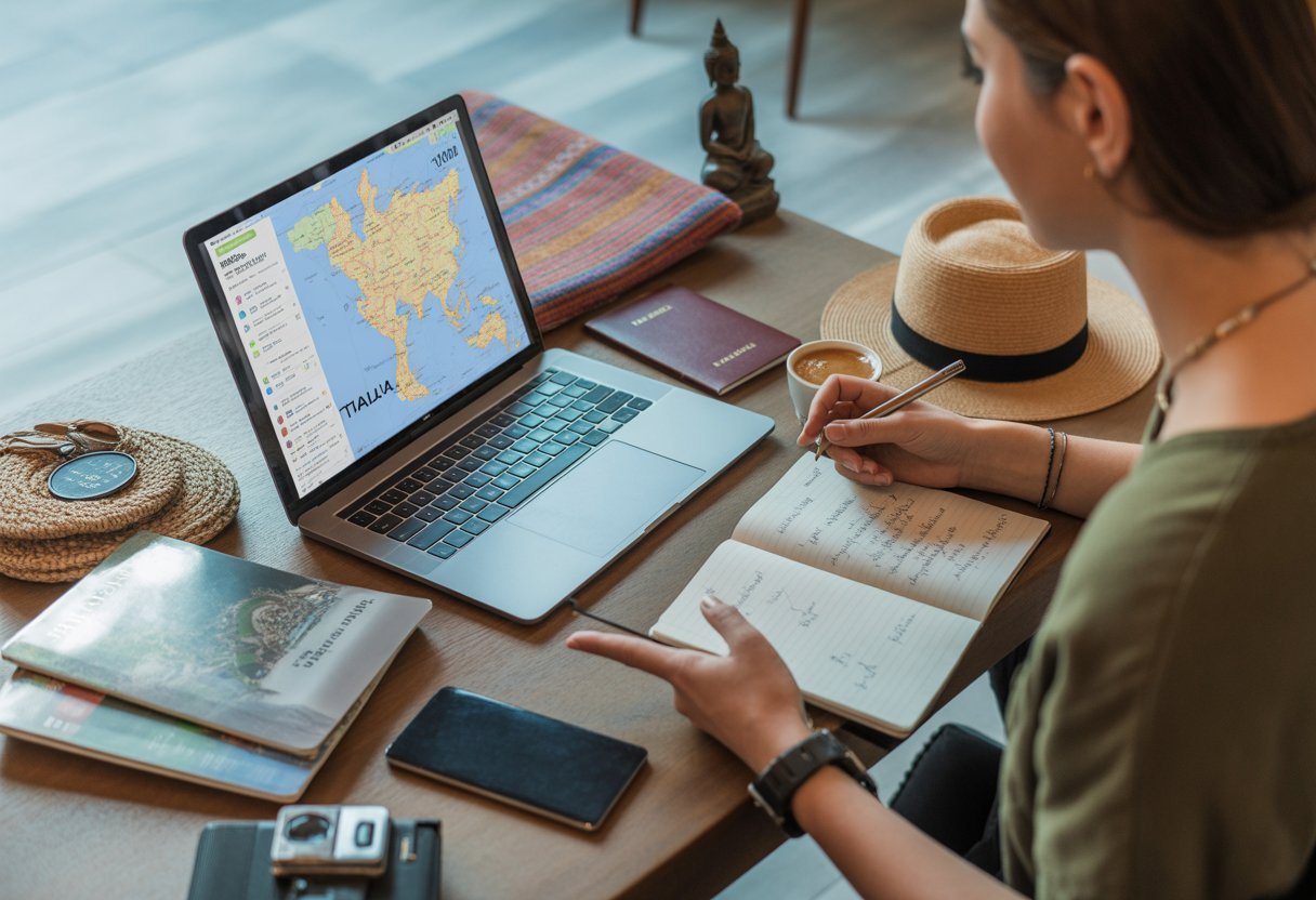 Une personne assise à une table, planifiant un voyage en Thaïlande avec un ordinateur portable, des livres de voyage et des accessoires de voyage.