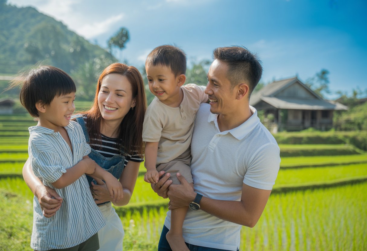 Une famille de quatre personnes souriante explorant des rizières et des maisons traditionnelles vietnamiennes sous un ciel bleu.