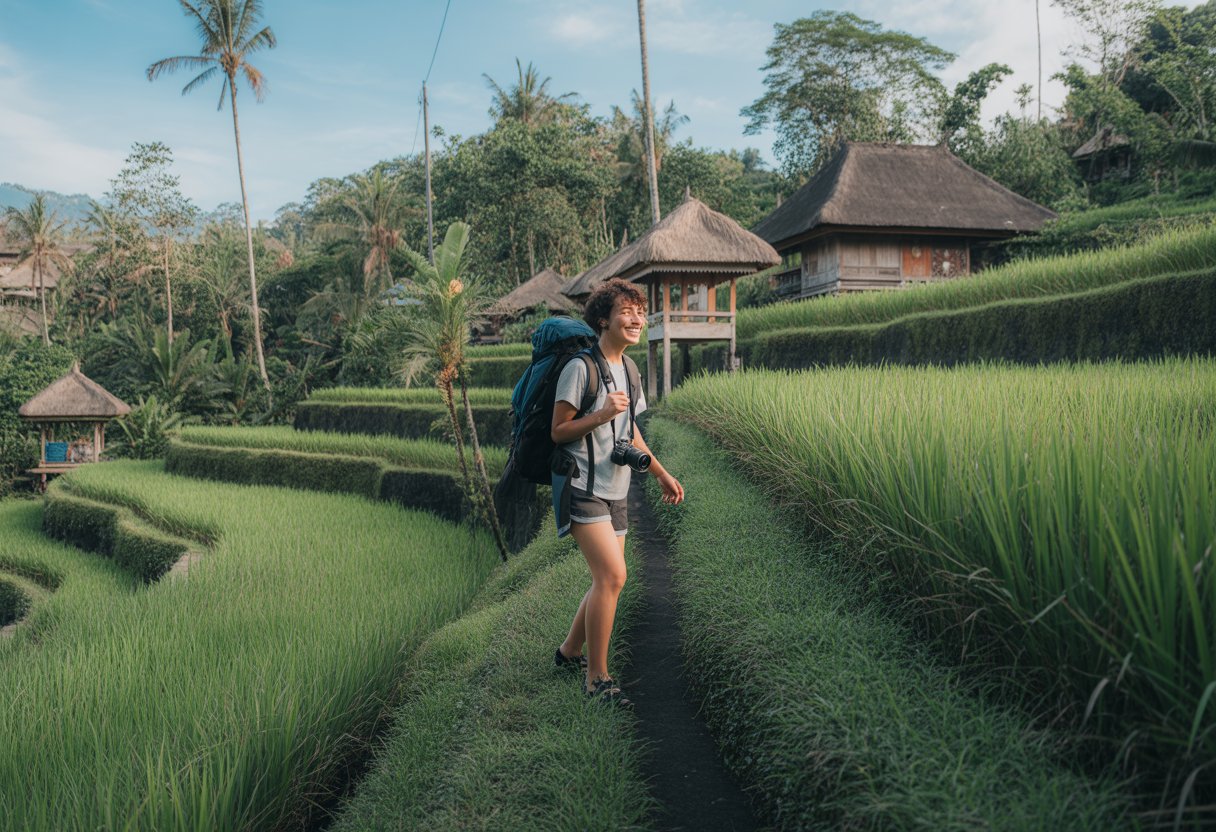 Un voyageur indépendant marche le long d'un chemin entouré de rizières vertes luxuriantes à Bali sous un ciel clair.