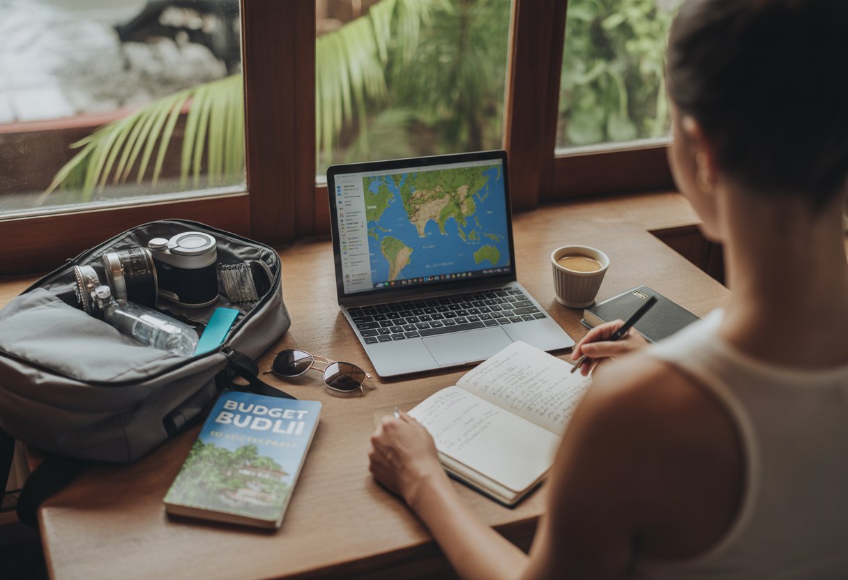 Une personne préparant son voyage à Bali avec un ordinateur portable, un guide de voyage, un carnet de notes et un sac à dos ouvert sur une table près d'une fenêtre avec vue sur la végétation tropicale.