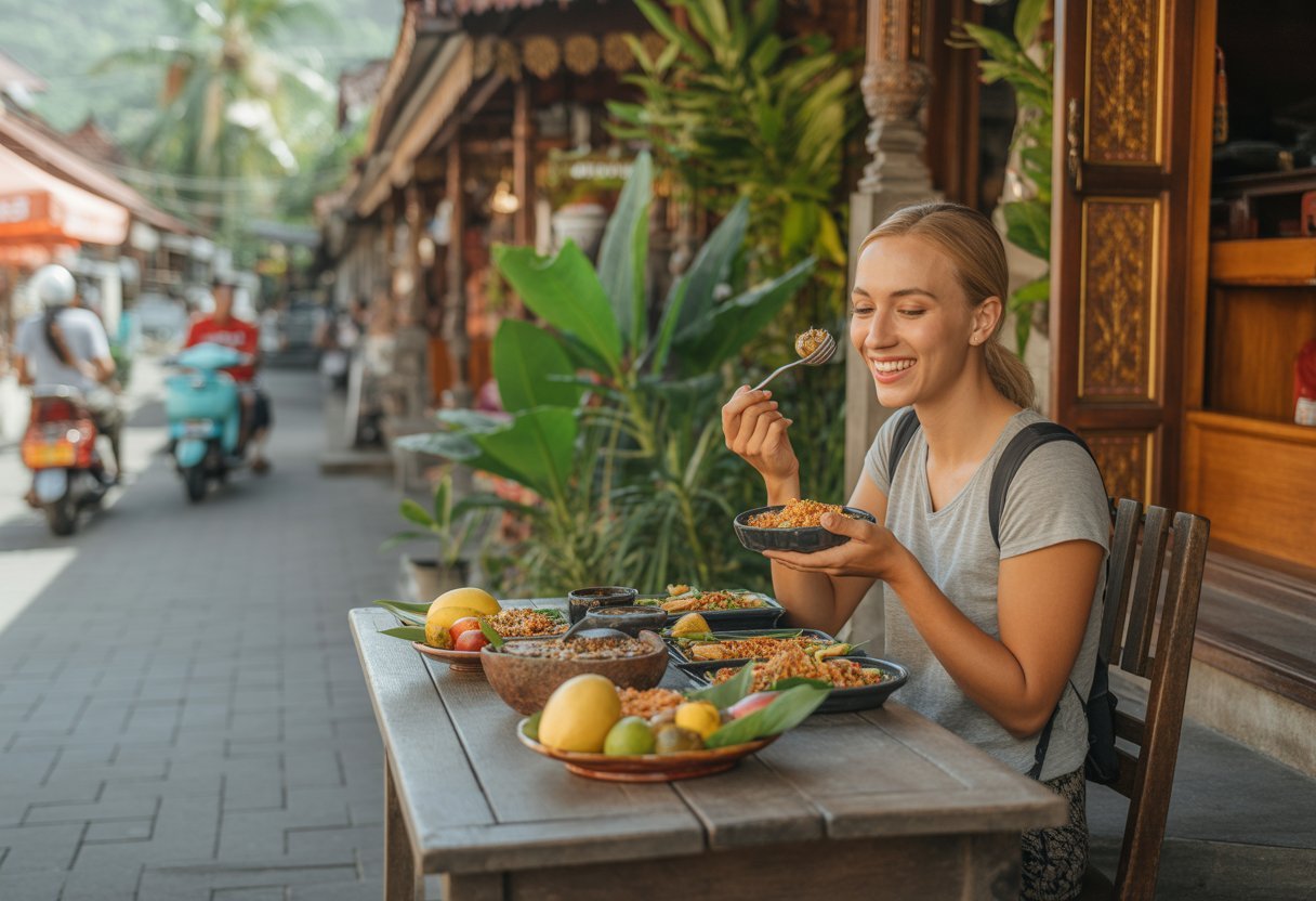 Voyageur mangeant un repas local simple devant une maison traditionnelle balinaise entourée de végétation tropicale.