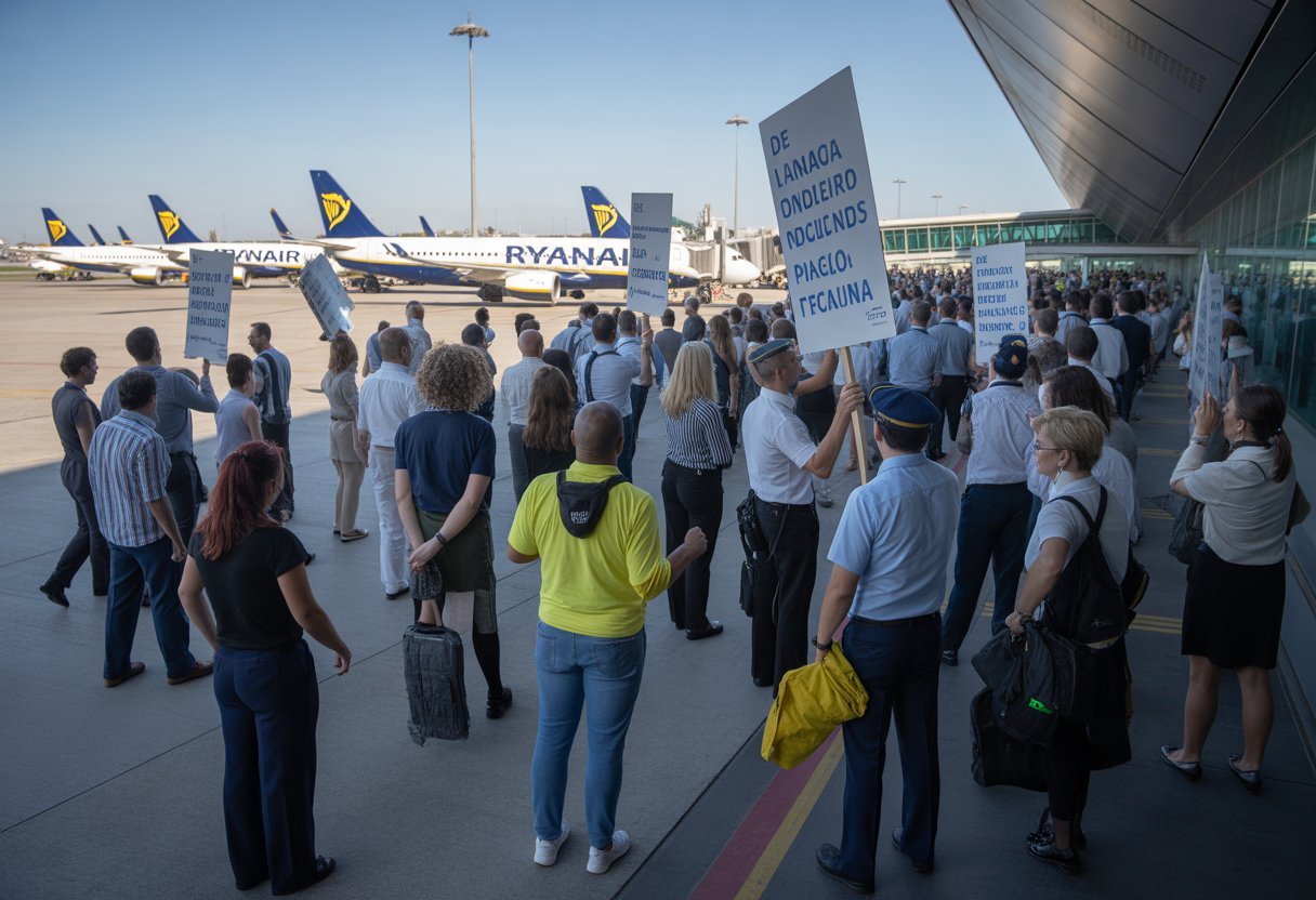 Un groupe d'employés de Ryanair en grève devant un terminal d'aéroport en Espagne, tenant des pancartes et discutant ensemble.