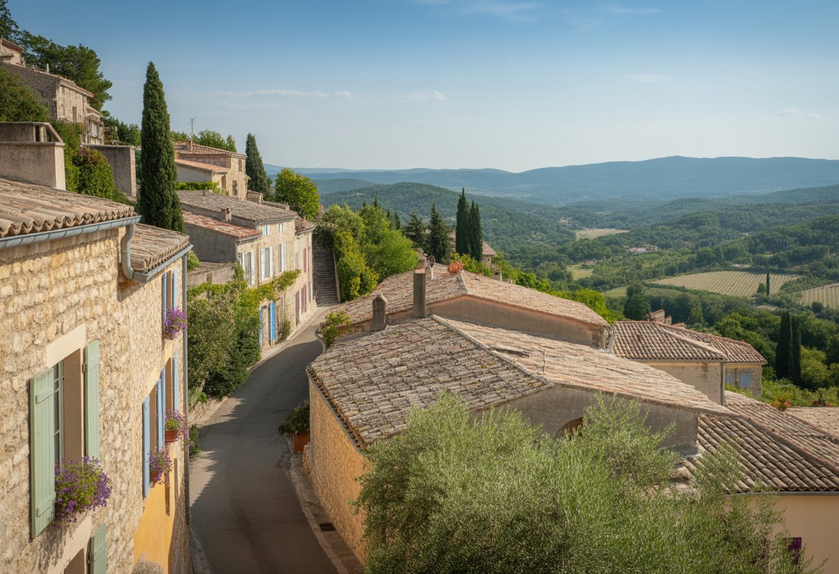 Vue panoramique de cinq villages pittoresques de la Drôme provençale avec des maisons en pierre, des toits en terre cuite, des rues pavées, des champs de lavande et des collines verdoyantes sous un ciel bleu.
