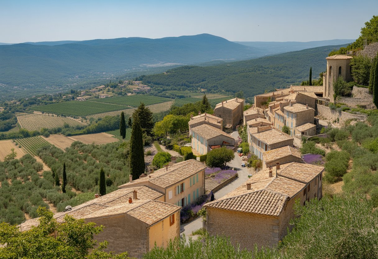 Vue panoramique d'un village classé parmi les plus beaux de la Drôme provençale, avec des maisons en pierre, des toits en terre cuite, des champs de lavande et des collines verdoyantes en arrière-plan.