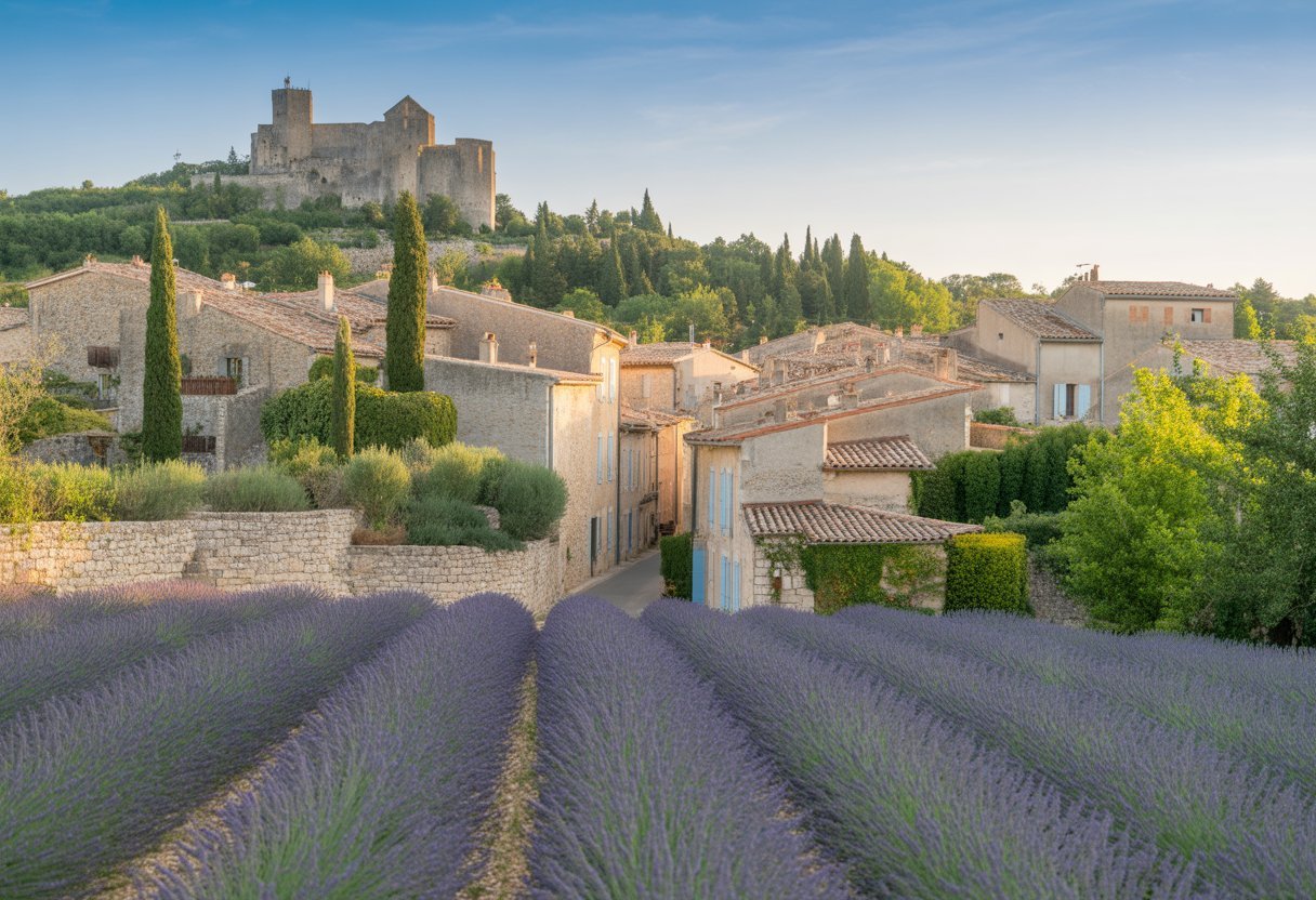 Village médiéval de Grignan avec maisons en pierre, champs de lavande et château sur une colline sous un ciel bleu.
