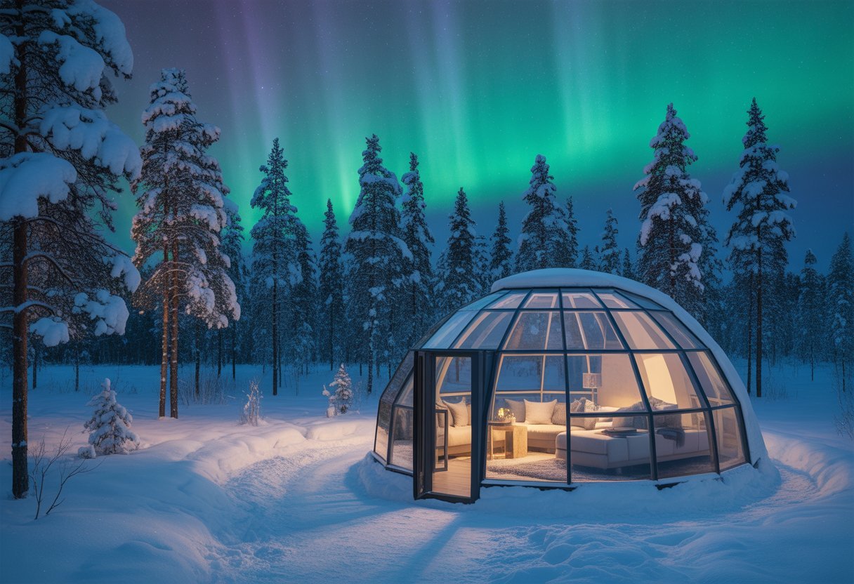 Un igloo en verre entouré de neige et de sapins sous un ciel étoilé avec des aurores boréales en Finlande.