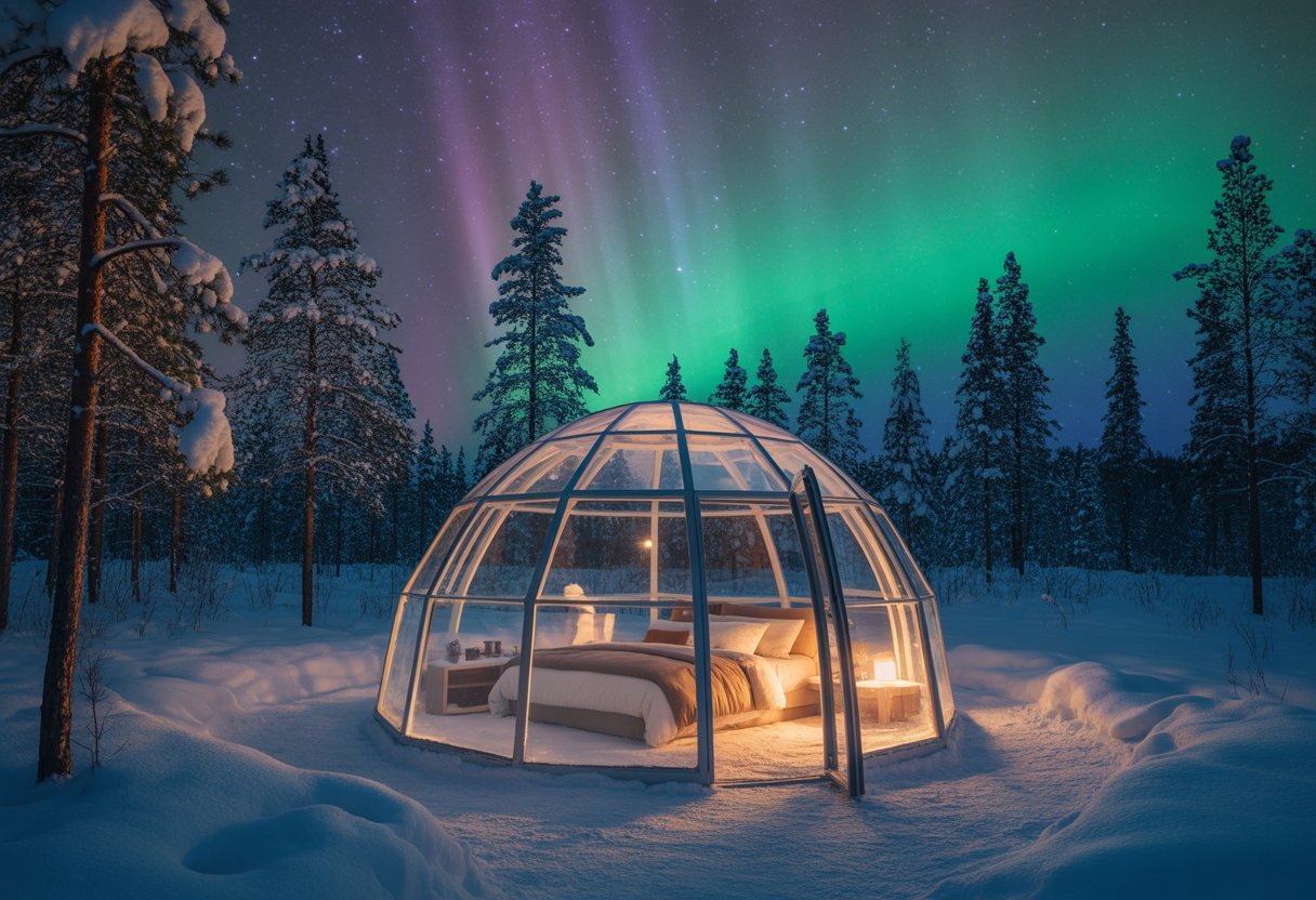 Un igloo de verre éclairé la nuit dans un paysage enneigé en Finlande avec des aurores boréales visibles dans le ciel étoilé.